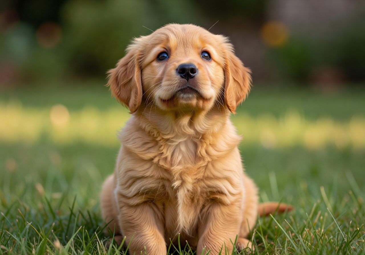 Cute golden retriever puppy looking up attentively