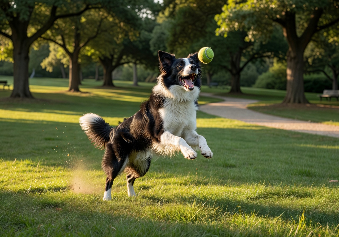 Dog catching a ball in mid-air in a park