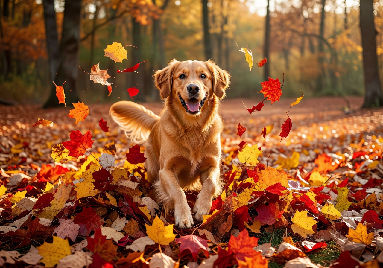 Dog in autumn leaves