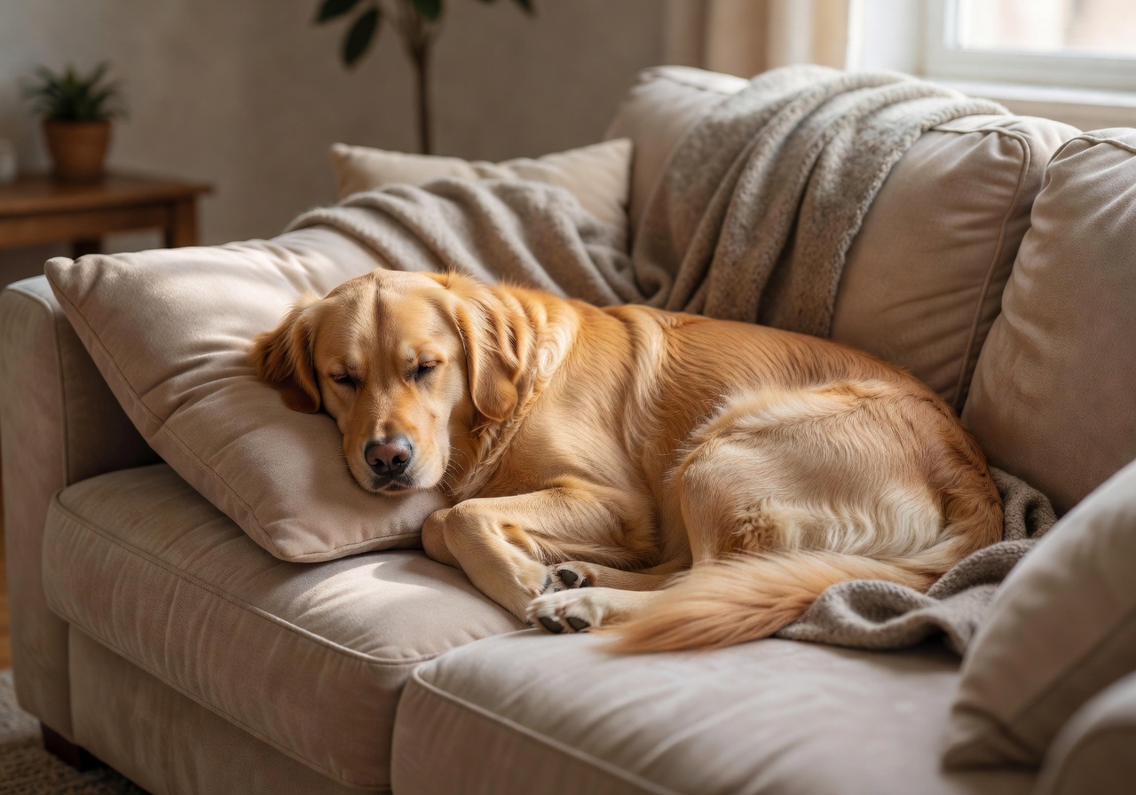 Dog sleeping peacefully on a comfortable couch