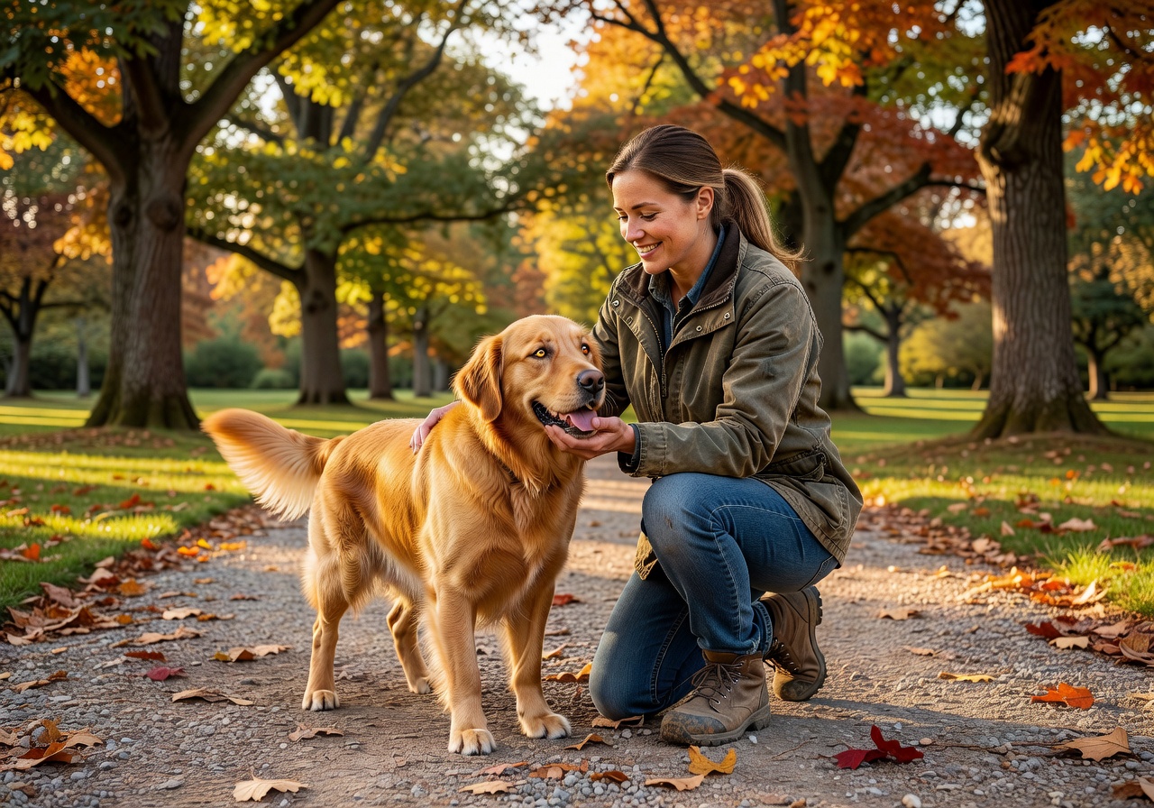 Dog walker kneeling down interacting warmly with a dog