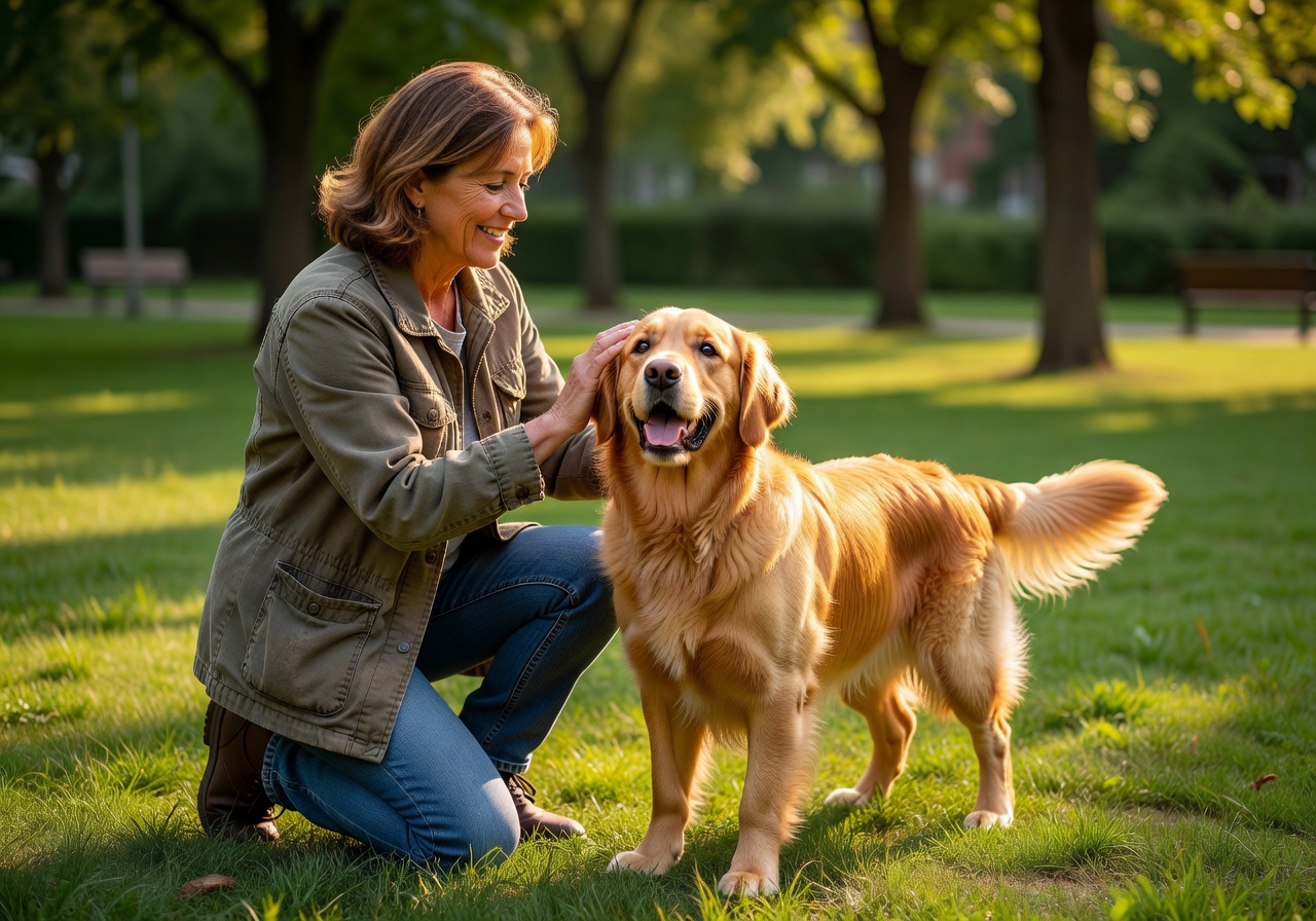 Dog walker petting a very happy dog looking up with trust