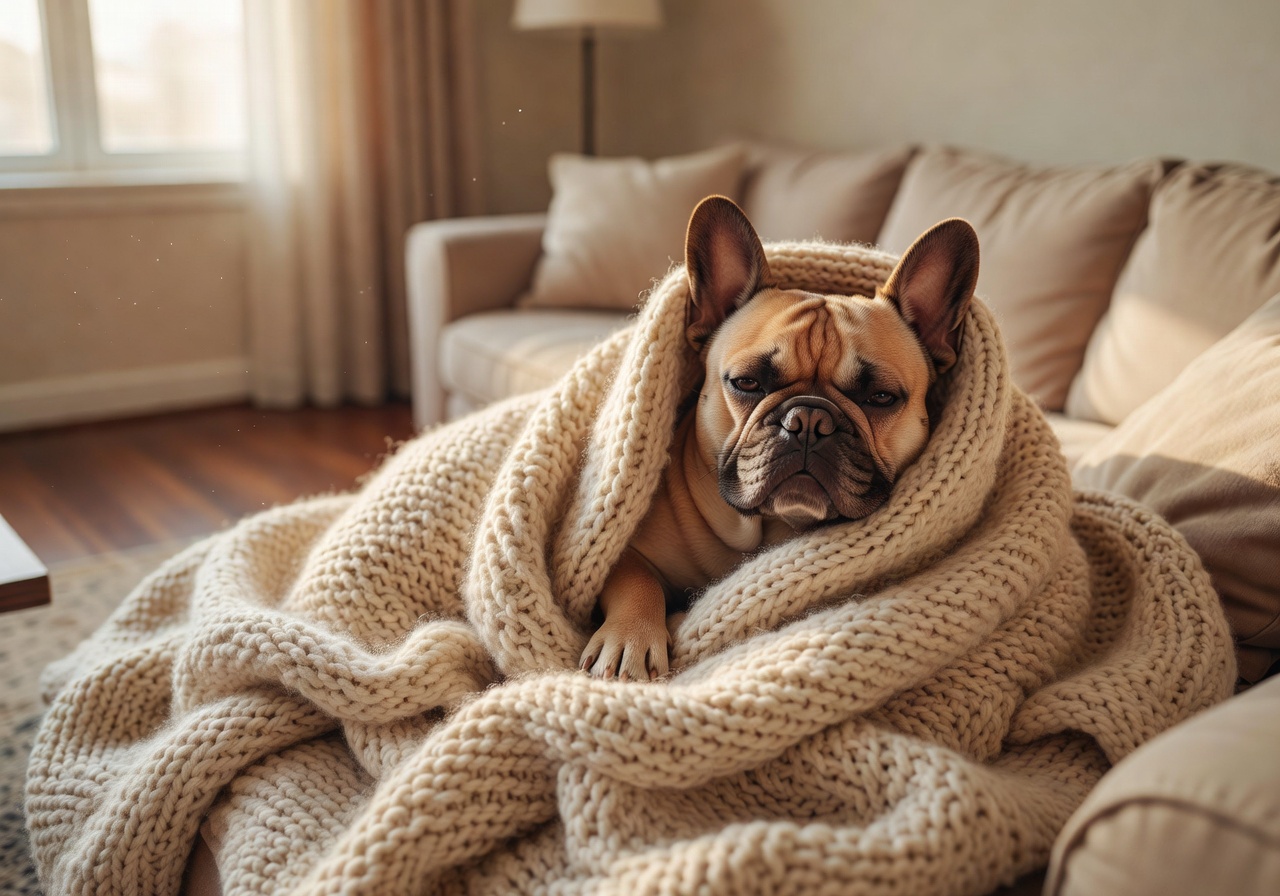 French bulldog wrapped in a cozy blanket indoors