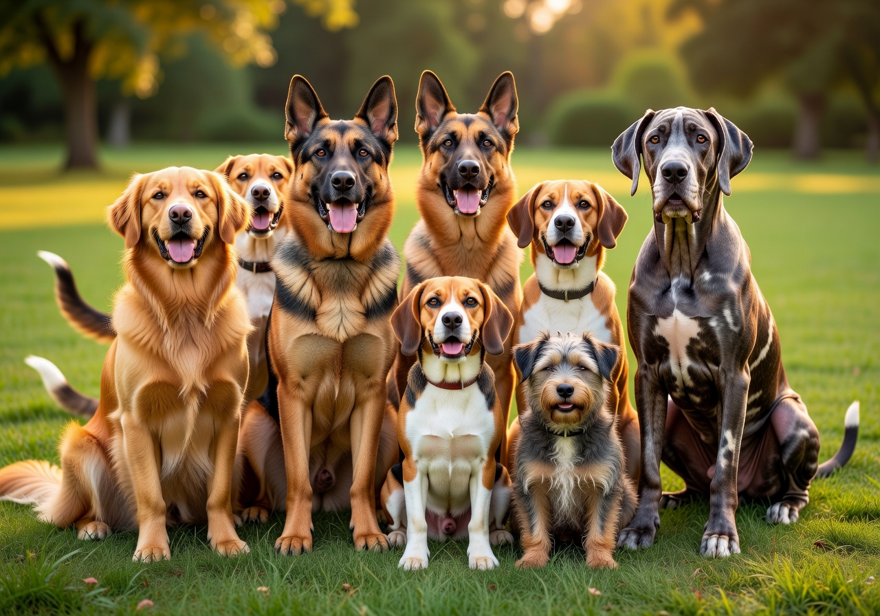 Group of diverse happy dogs sitting together outdoors