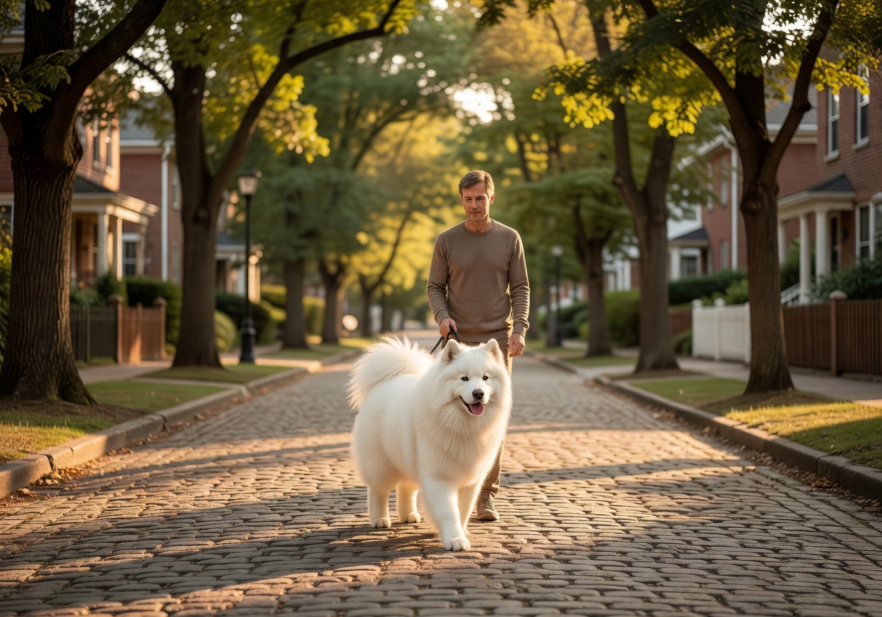 Person walking a beautiful Samoyed dog on a quiet street