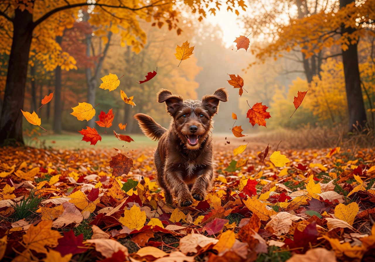 Small brown dog running happily through autumn leaves