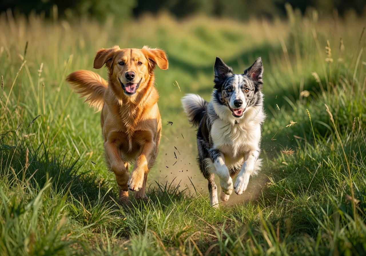 Two dogs running in grass