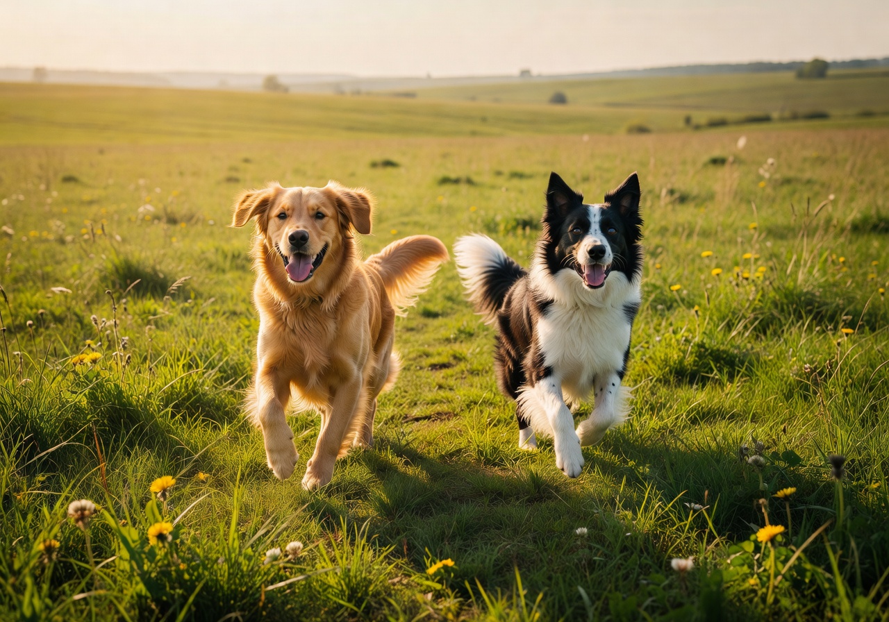 Two happy dogs running in a sunlit grassy field