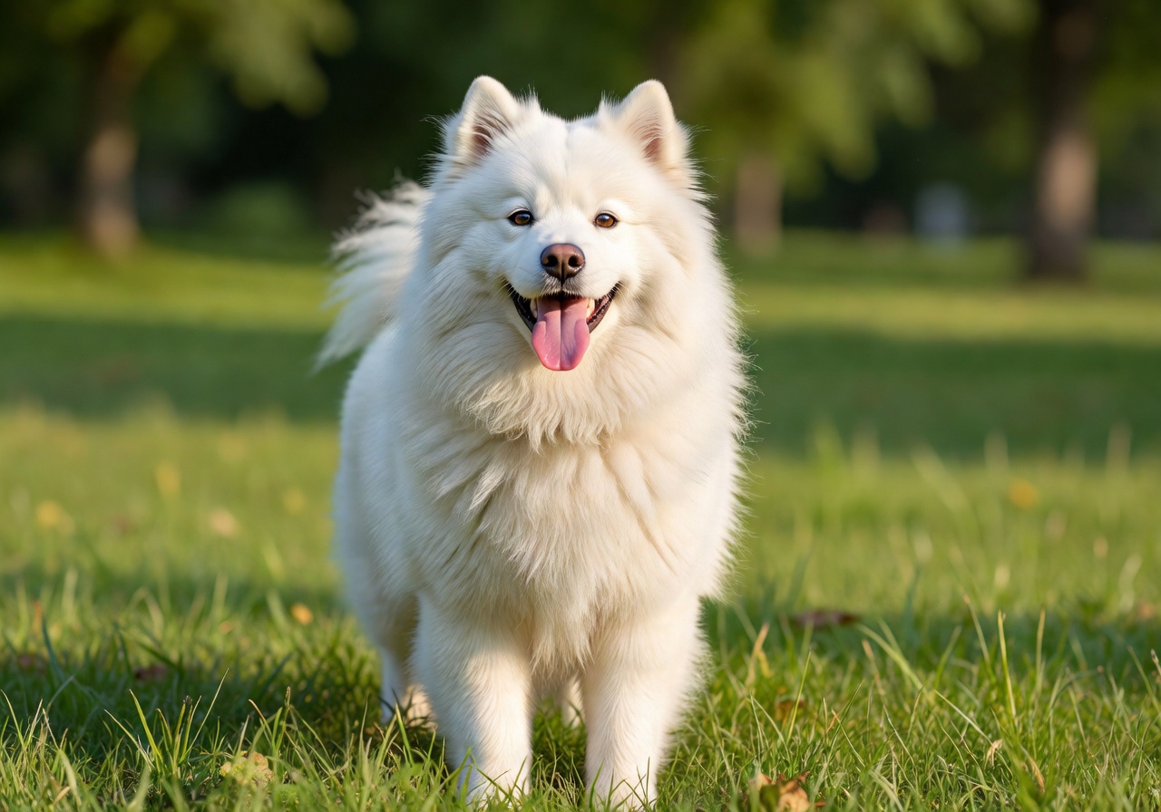 White fluffy dog panting and smiling outdoors