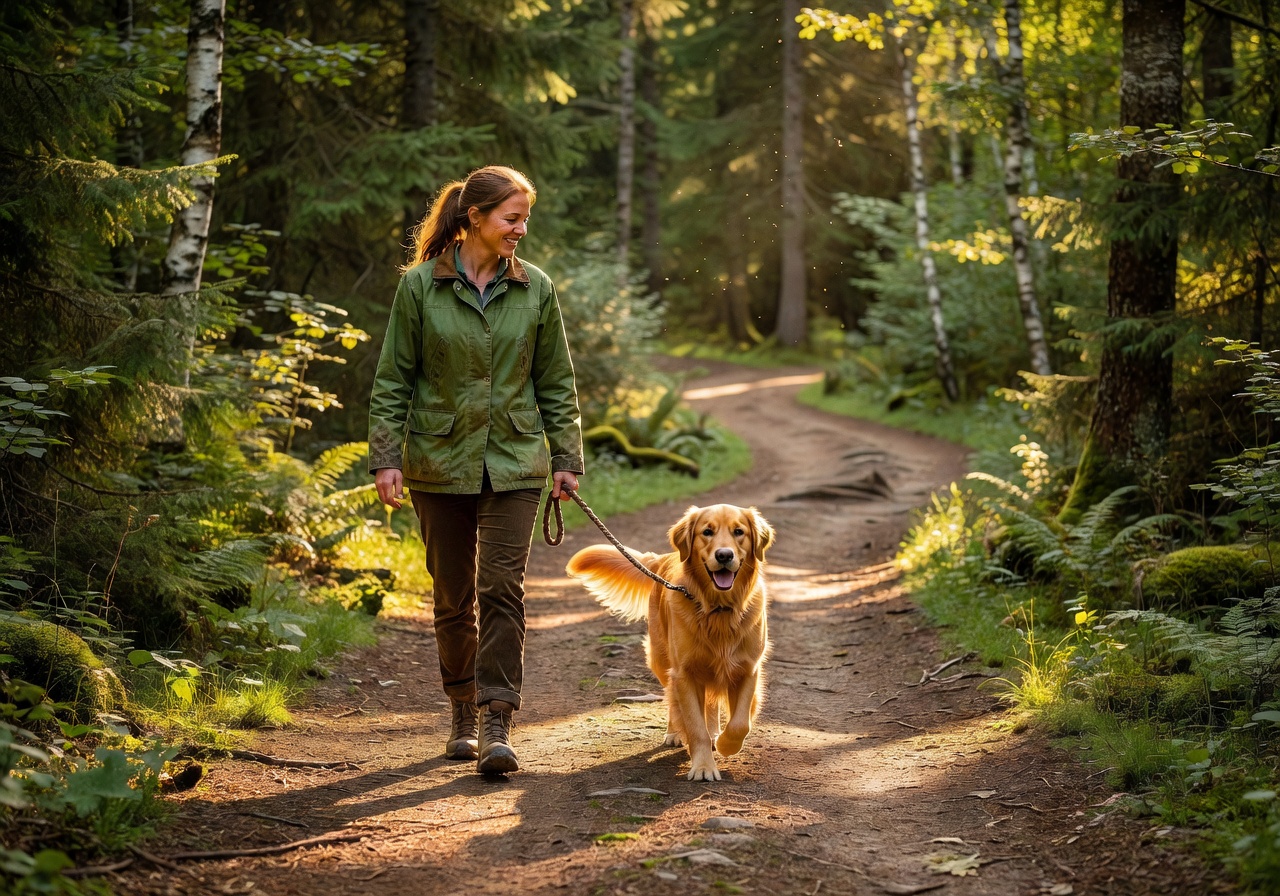Woman walking a golden retriever in a scenic forest path